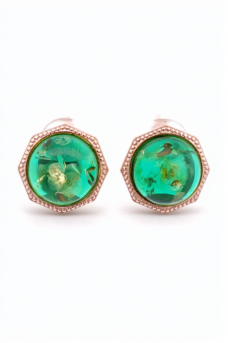 Round Emerald Green Amber Silver Earrings — DARVIN (Pre-Order)