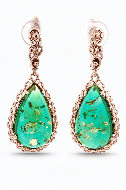 Teardrop Emerald Green Amber Silver Earrings — DARVIN (Pre-Order)