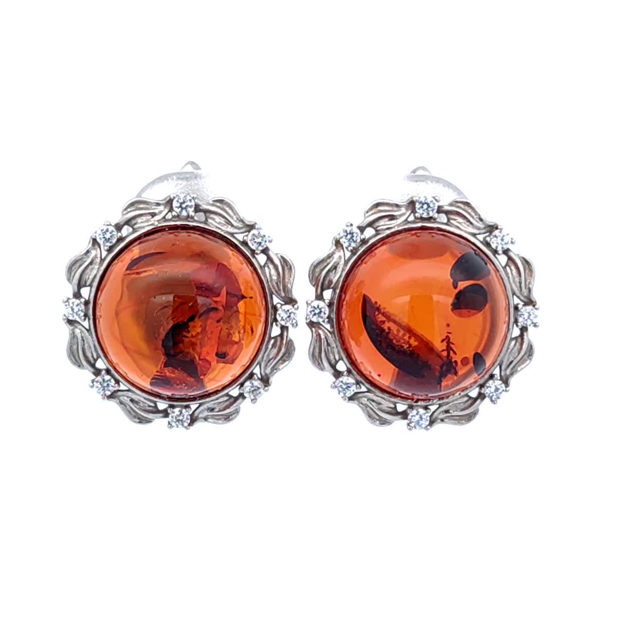 Round Cognac, Colorless Amber Silver Earrings — DARVIN (Pre-Order)