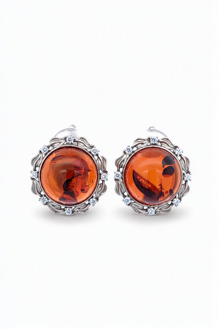 Round Cognac, Colorless Amber Silver Earrings — DARVIN (Pre-Order)