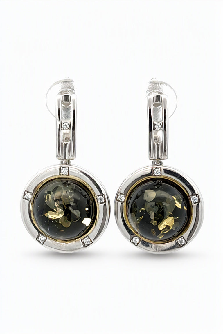 Round Green, Colorless Amber Silver Earrings — DARVIN (Pre-Order)