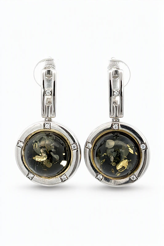 Round Green, Colorless Amber Silver Earrings — DARVIN (Pre-Order)