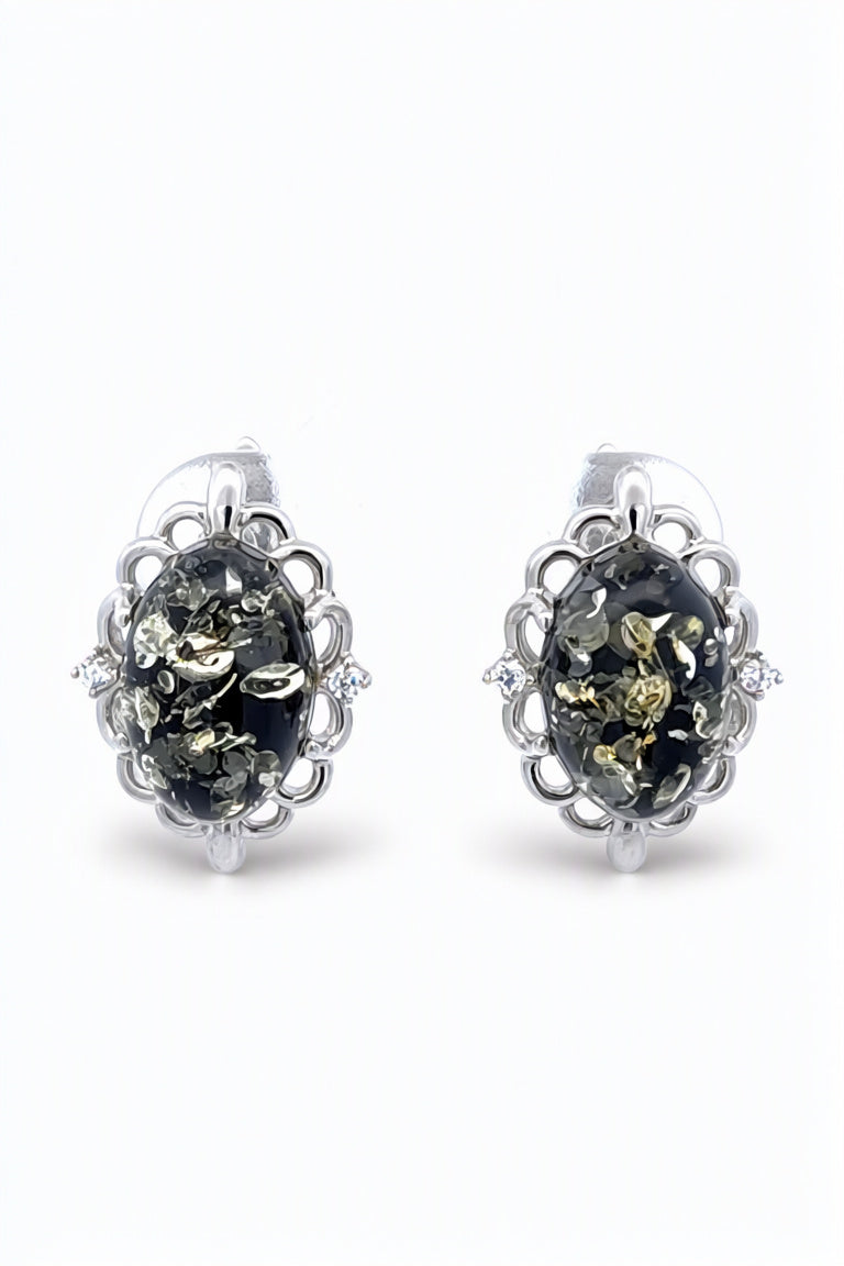 Oval Green, Colorless Amber Silver Earrings — DARVIN (Pre-Order)
