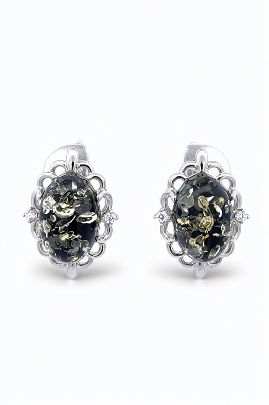 Oval Green, Colorless Amber Silver Earrings — DARVIN (Pre-Order)