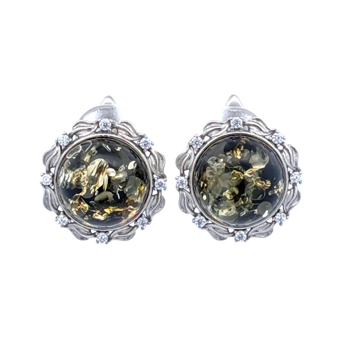 Round Green, Colorless Amber Silver Earrings — DARVIN (Pre-Order)
