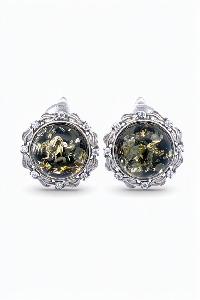 Round Green, Colorless Amber Silver Earrings — DARVIN (Pre-Order)