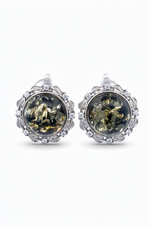Round Green, Colorless Amber Silver Earrings — DARVIN (Pre-Order)