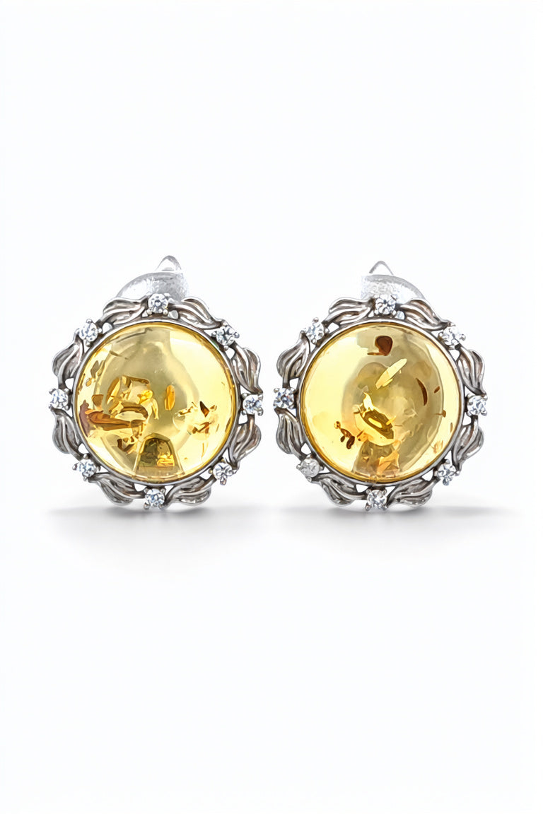 Round Lemon, Colorless Amber Silver Earrings — DARVIN (Pre-Order)