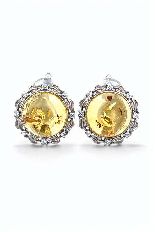 Round Lemon, Colorless Amber Silver Earrings — DARVIN (Pre-Order)