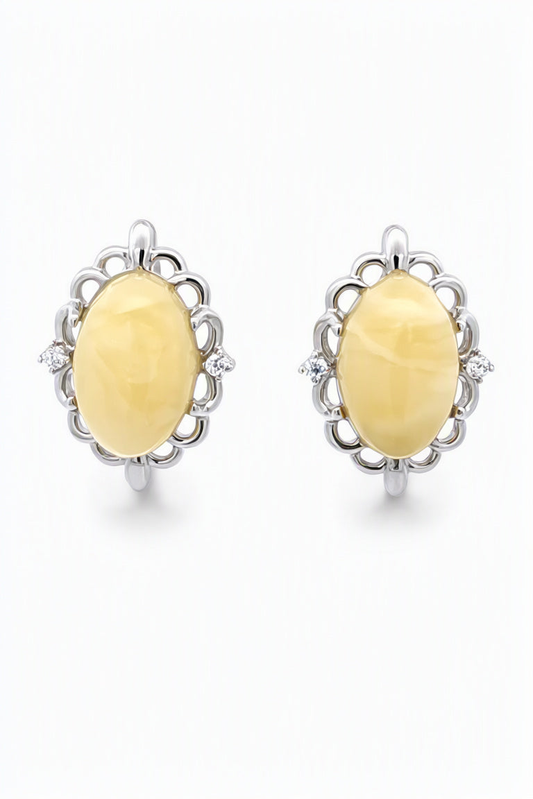 Oval White, Colorless Amber Silver Earrings — DARVIN (Pre-Order)