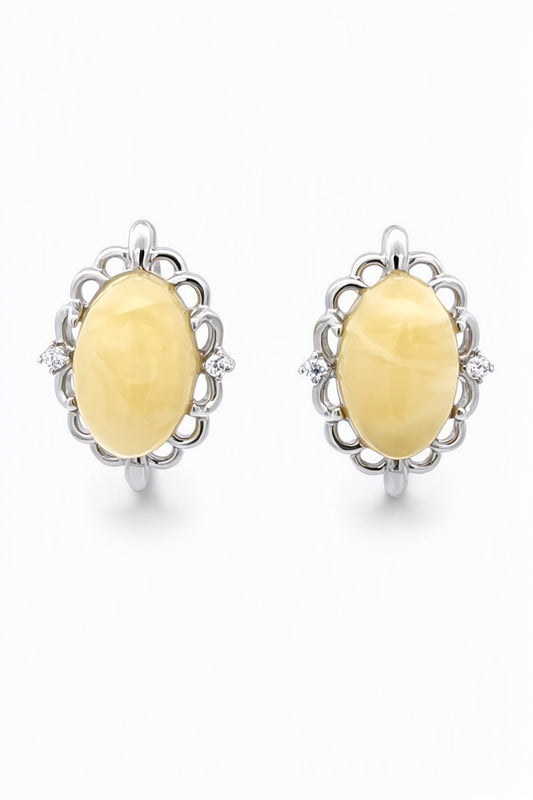Oval White, Colorless Amber Silver Earrings — DARVIN (Pre-Order)