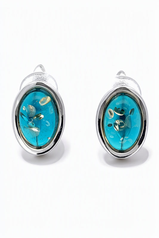 Oval Greenish-Blue Amber Silver Earrings — DARVIN (Pre-Order)