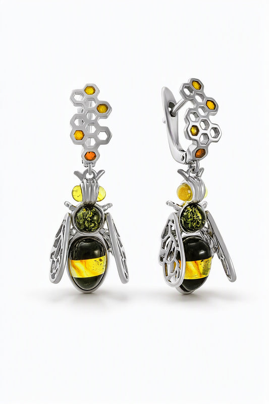 Oval Mixed Amber Silver Earrings — DARVIN (Pre-Order)