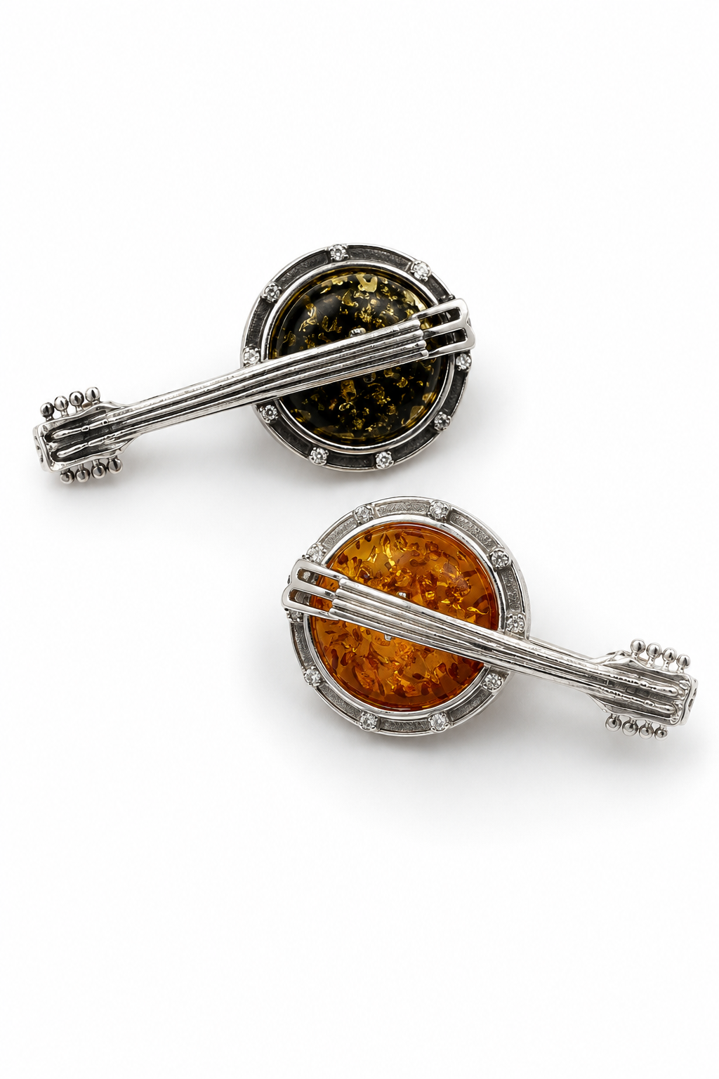Balalaika Amber Brooch – Sterling Silver
