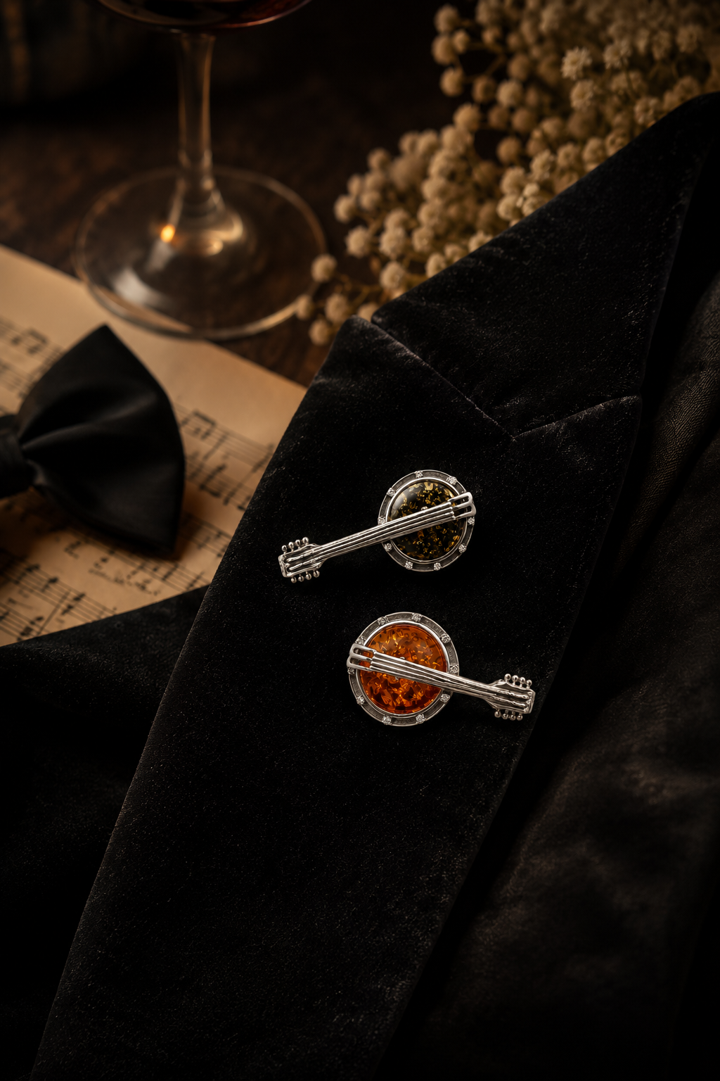Balalaika Amber Brooch – Sterling Silver