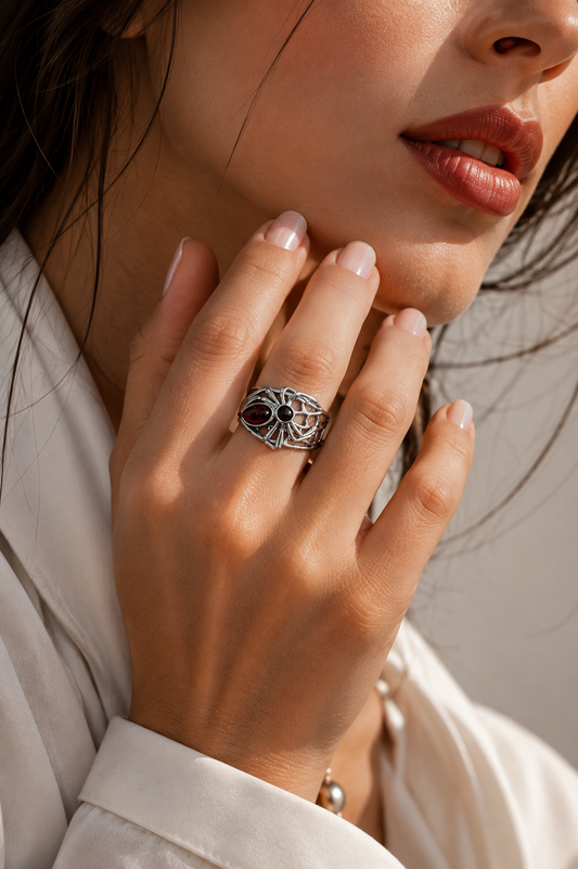 Wide Amber Spider Ring