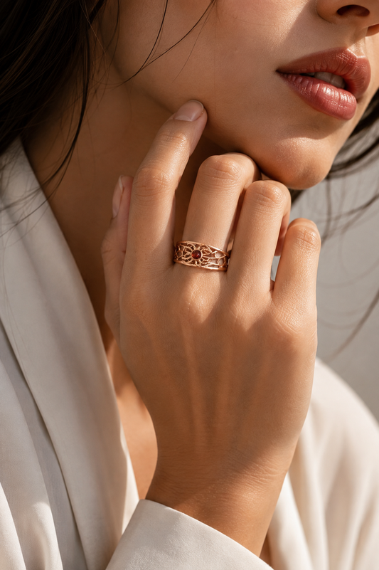 Gold-Plated Amber Spider Web Ring