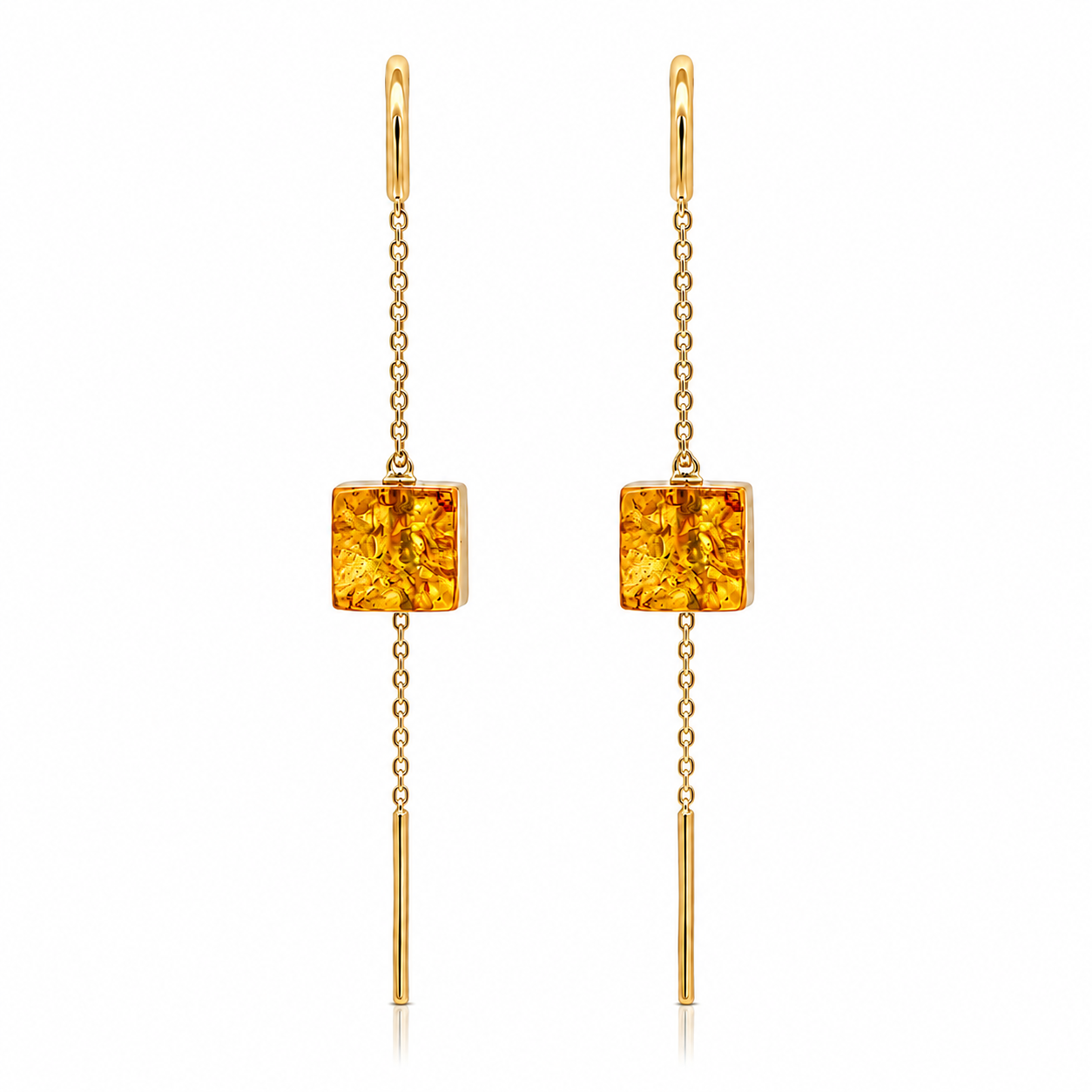 Gold-Plated Baltic Amber Square Threader Earrings