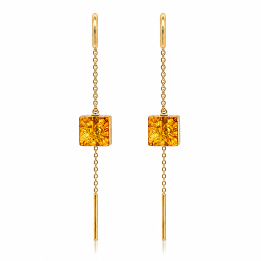 Gold-Plated Baltic Amber Square Threader Earrings