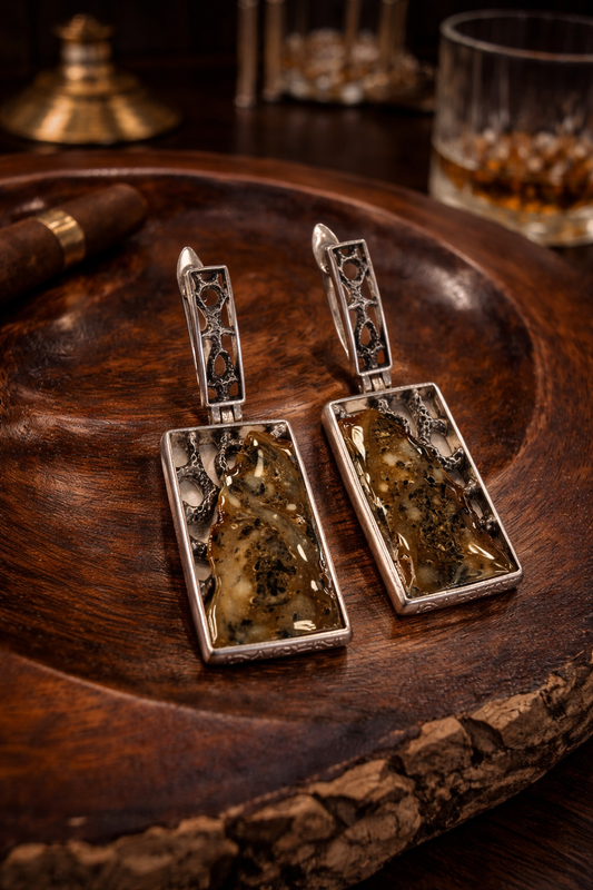 Modern Noir Earrings – Baltic Amber | Oxidized Silver