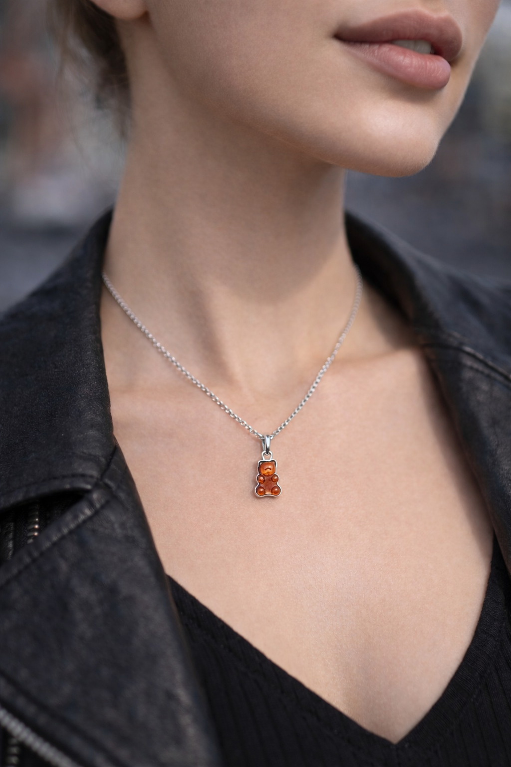 Amber Teddy Bear Pendant — “Sweet Charm”