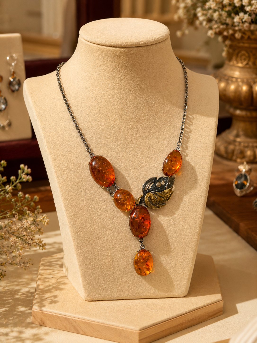 One of a Kind — Handmade Baltic Amber Leaf Necklace