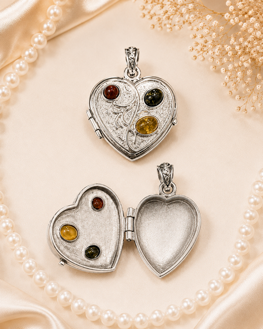 Memory Heart Photo Locket Pendant – Sterling Silver with Baltic Amber