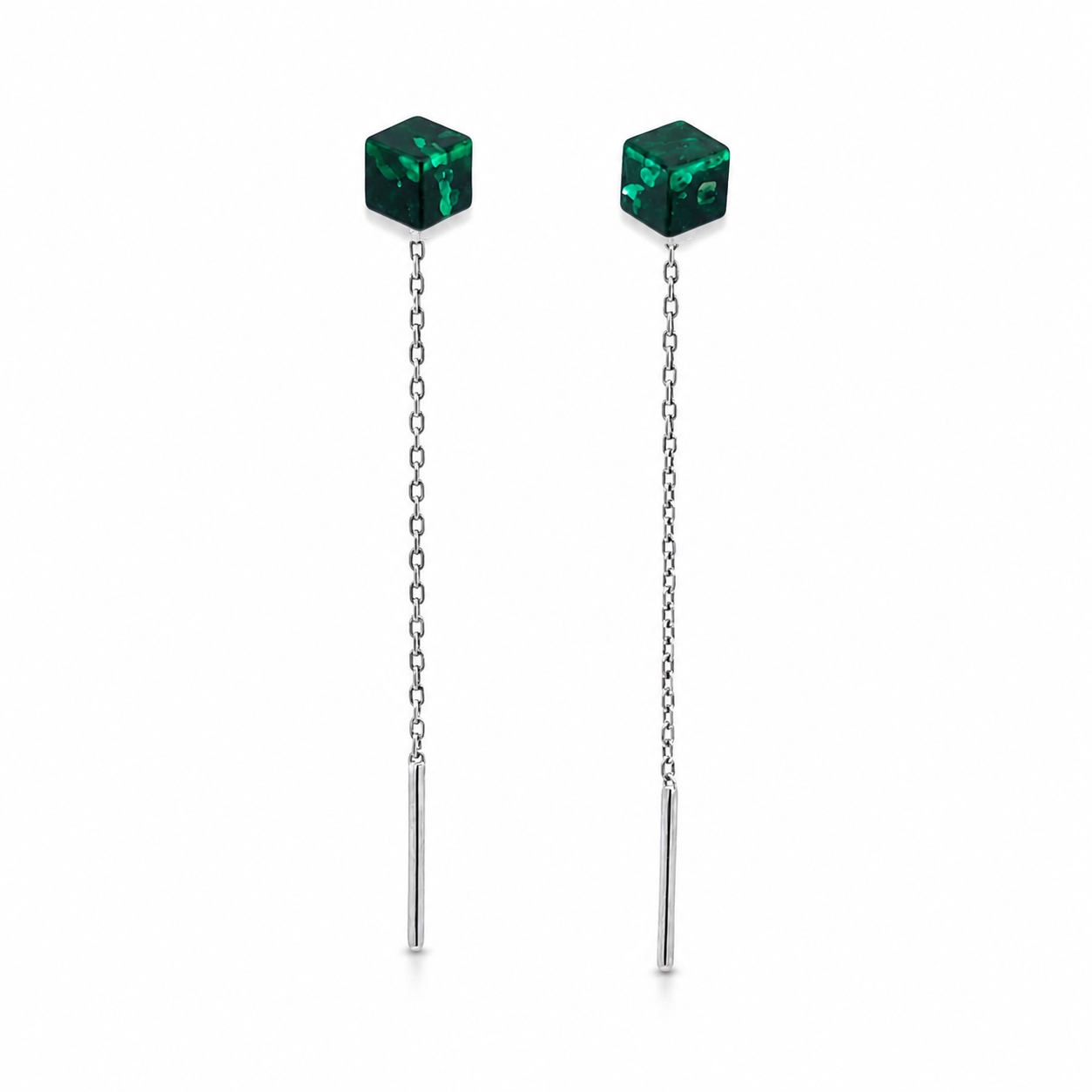 Green Cube Amber Threader Earrings