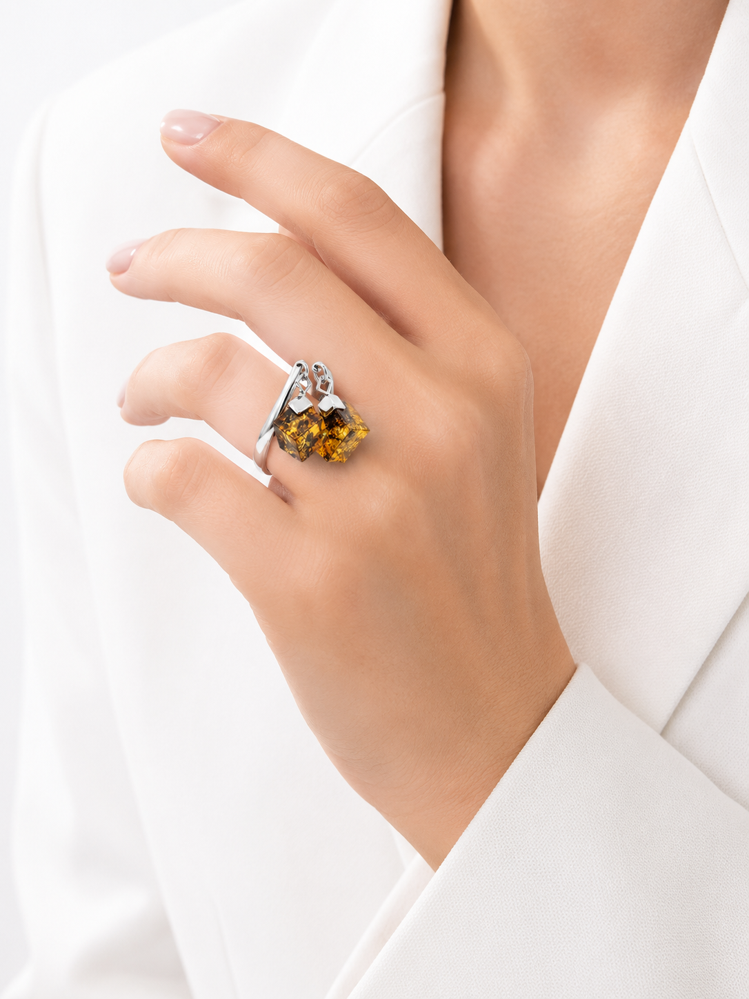 Geometric Baltic Amber Cube Ring