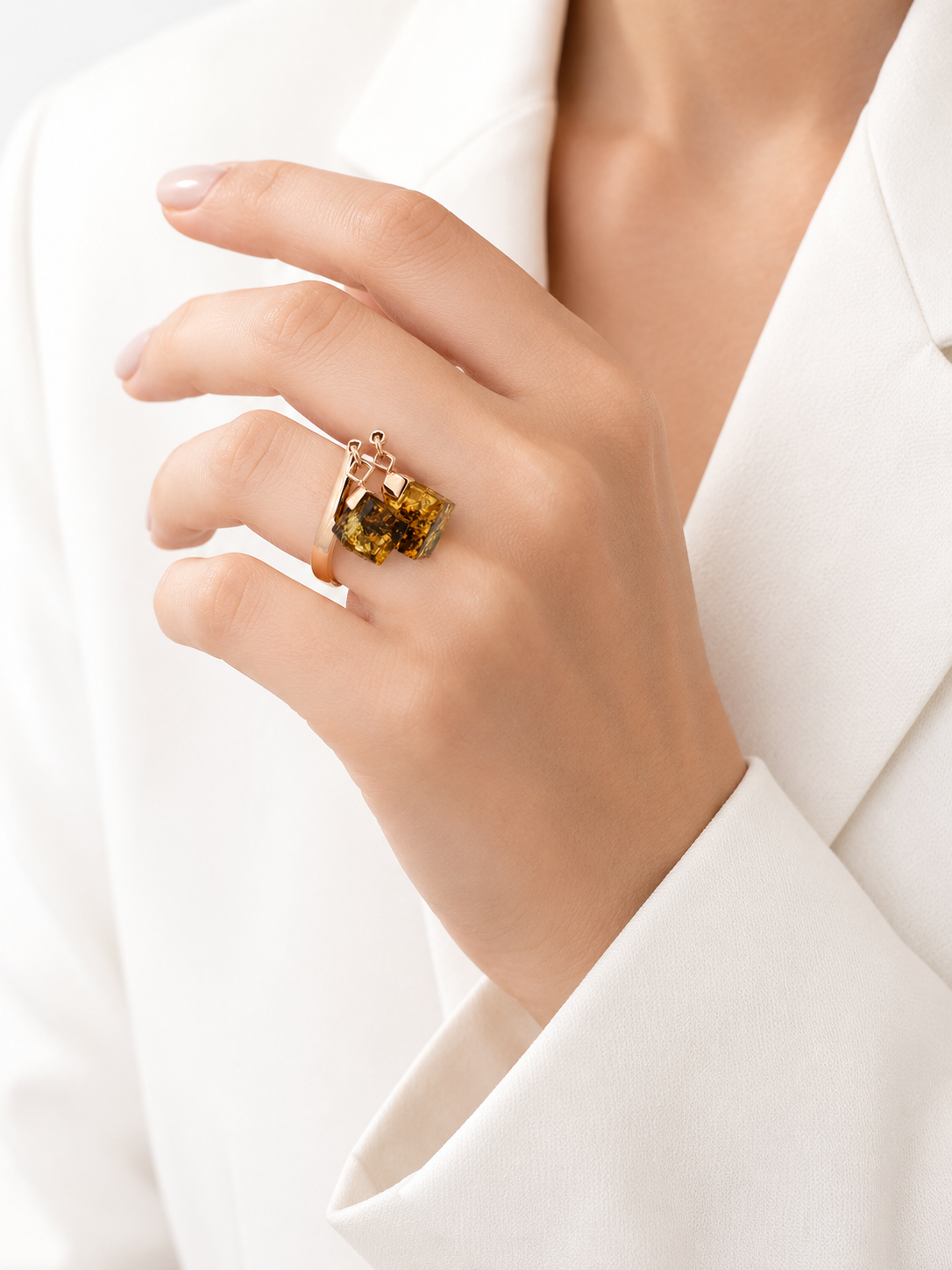 Geometric Baltic Amber Cube Ring