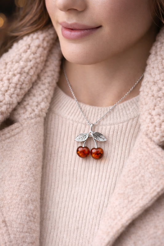 Cherry Brooch Pendant with Baltic Amber