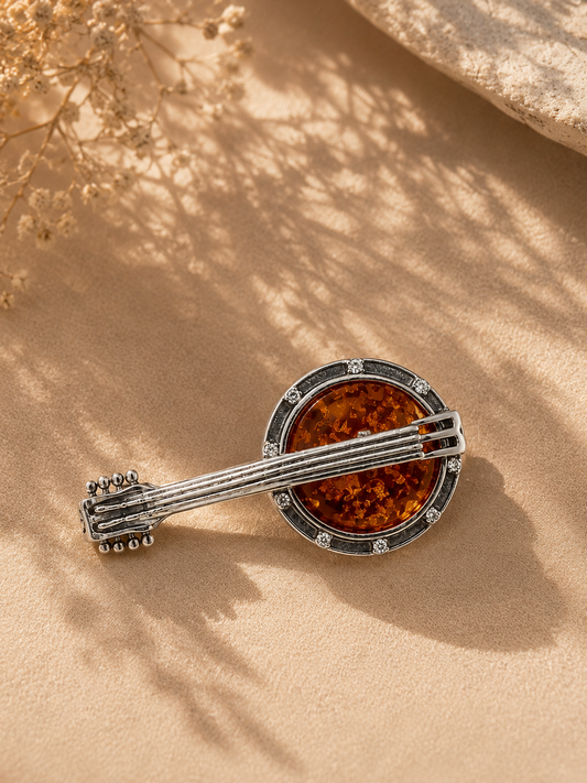 Balalaika Amber Brooch – Sterling Silver