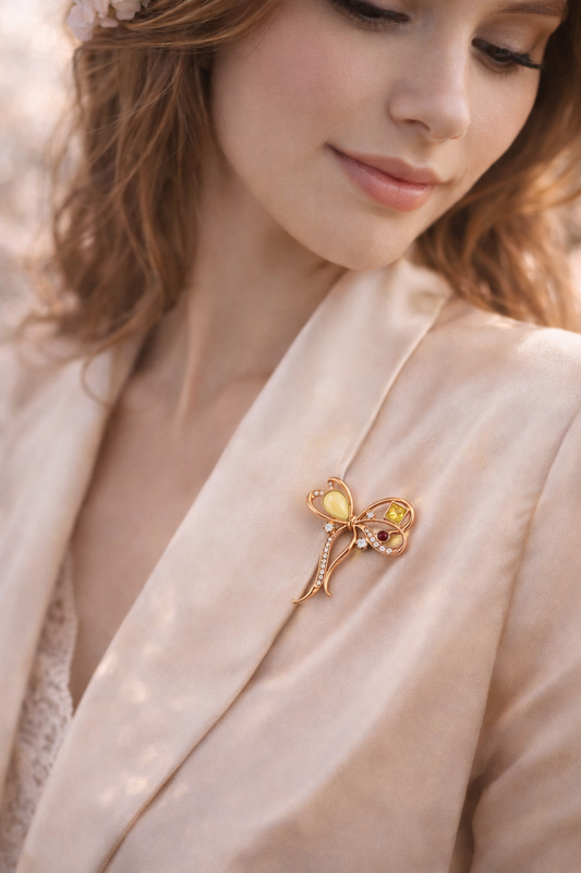 Amber Bow Brooch Gold Plated