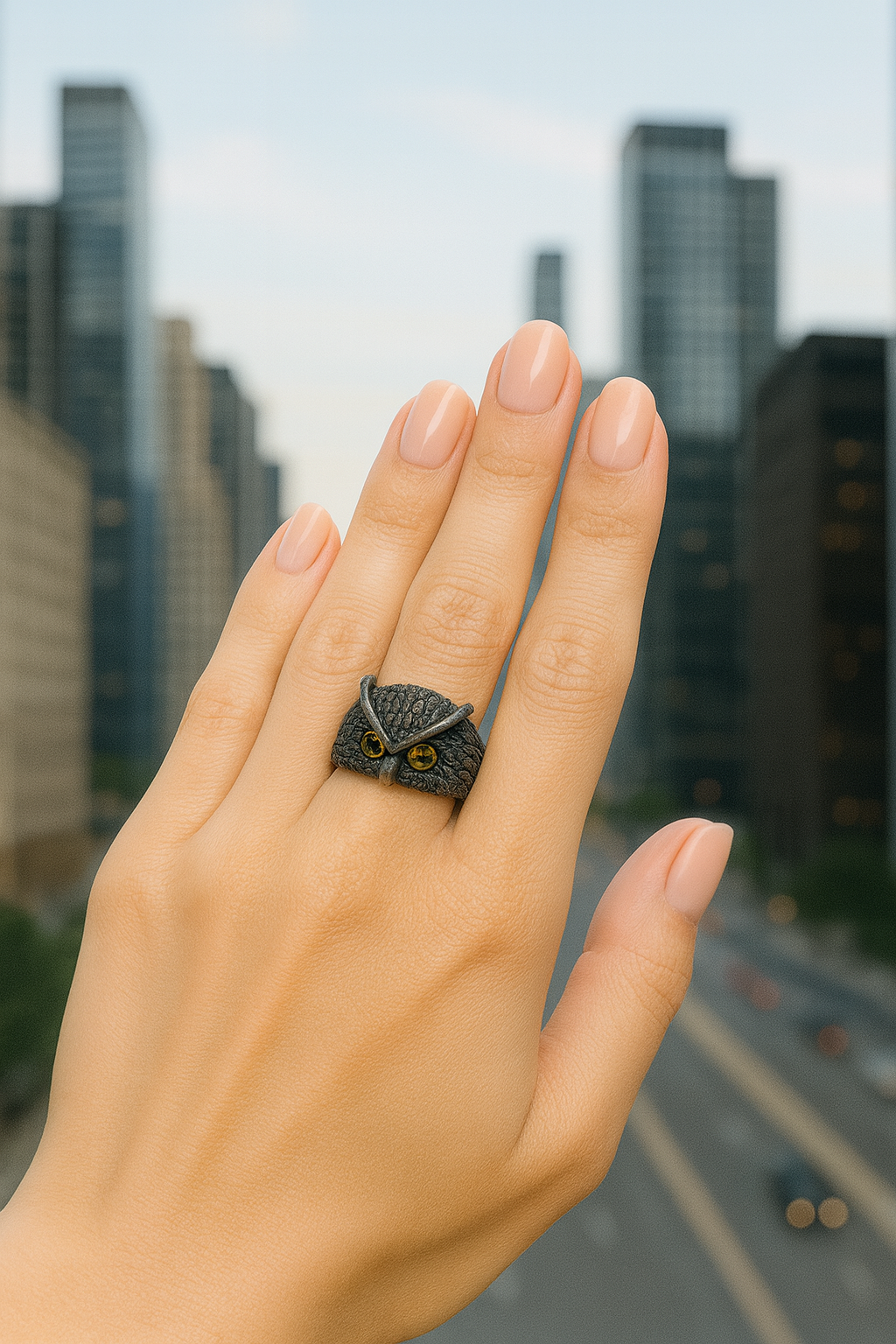 "Owl with Amber Eyes" – Sterling Silver Ring with Gold Plating