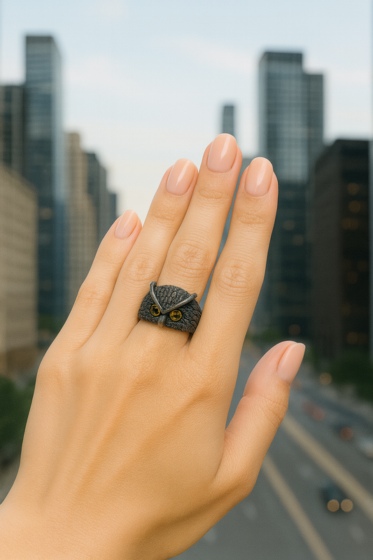 "Owl with Amber Eyes" – Sterling Silver Ring with Gold Plating