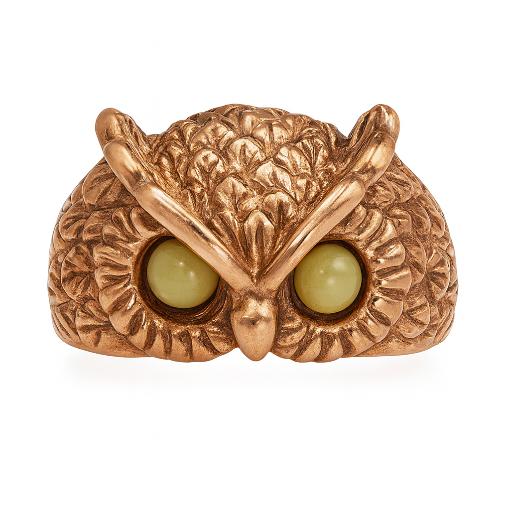 "Owl with Amber Eyes" – Sterling Silver Ring with Gold Plating