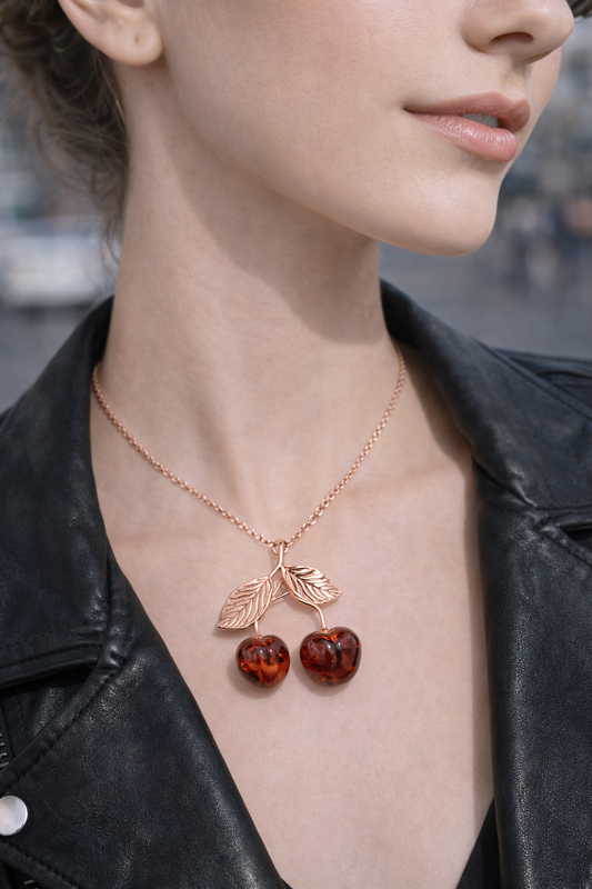 Cherry Brooch Pendant with Baltic Amber