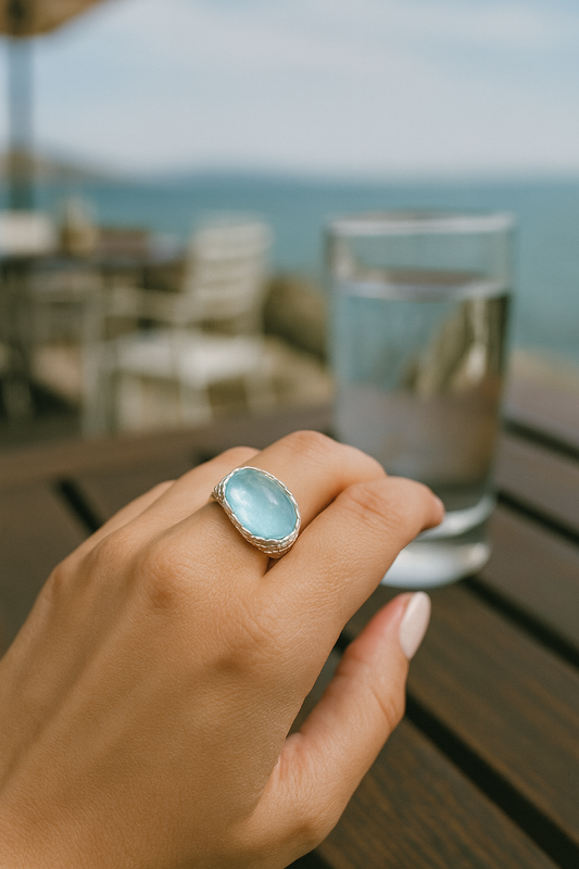 Waves of Time — Sterling Silver Ring with Roman Glass