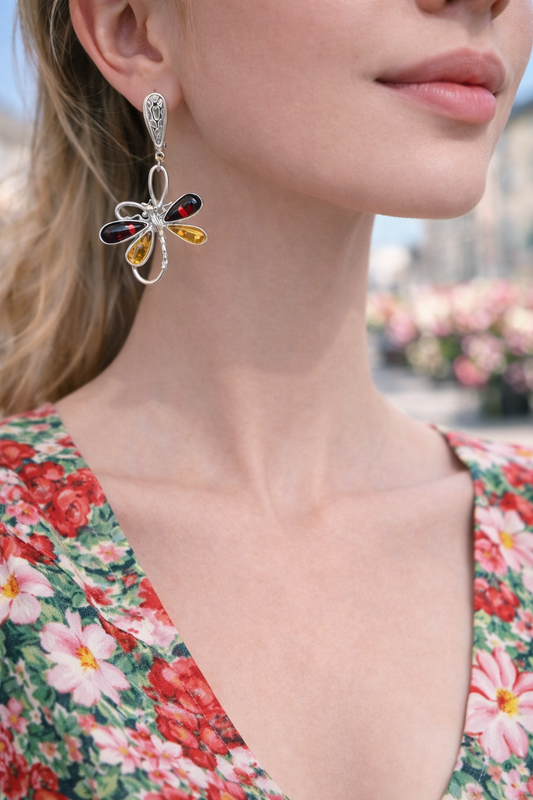 Amber Dragonfly Earrings – Baltic Amber | Sterling Silver