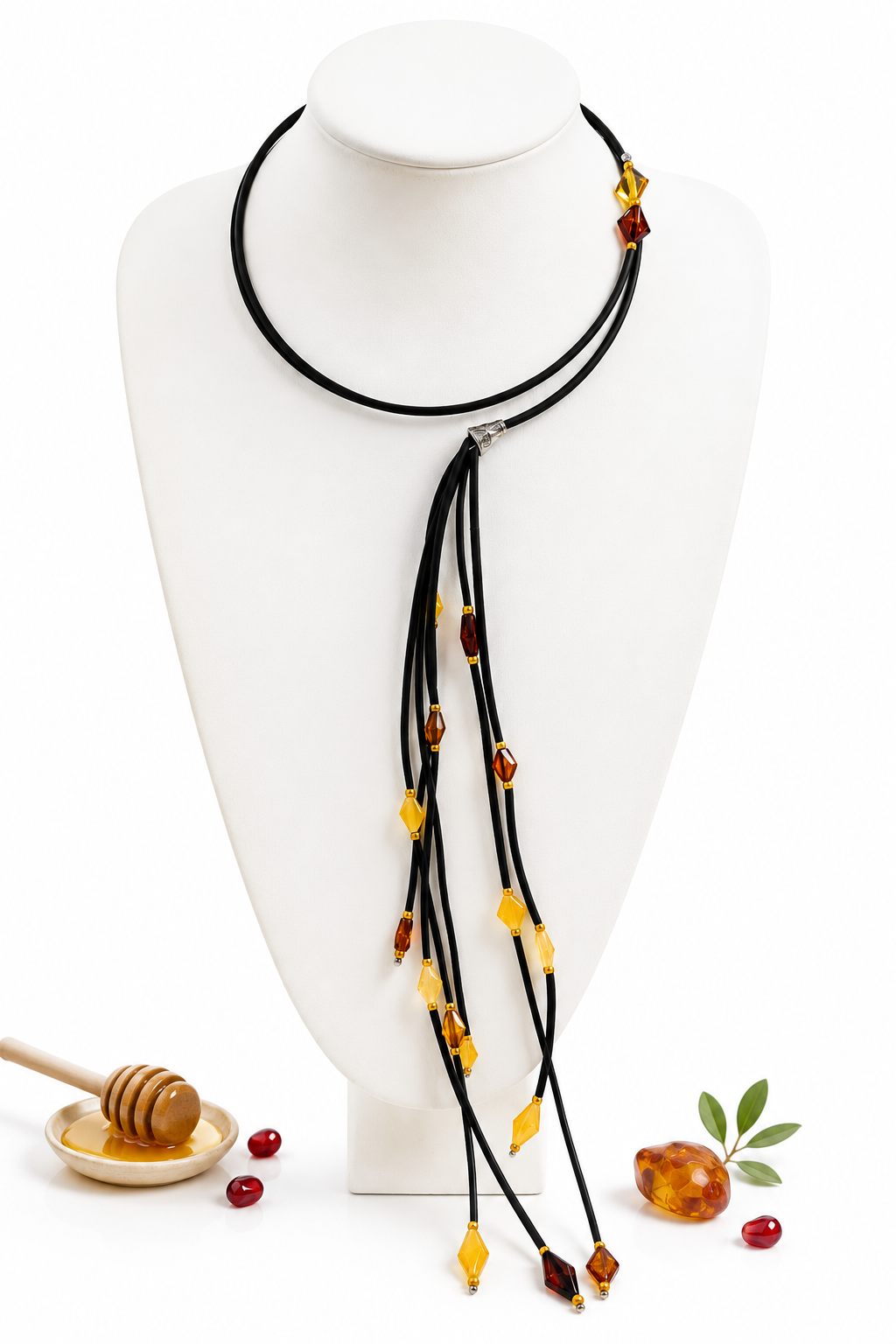 Amber Cascade – Natural Baltic Amber Rubber Cord Necklace