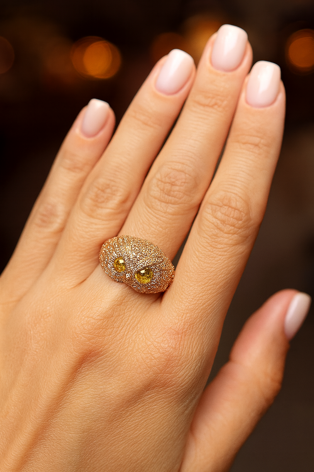 "Owl with Amber Eyes" – Sterling Silver Ring with Gold Plating