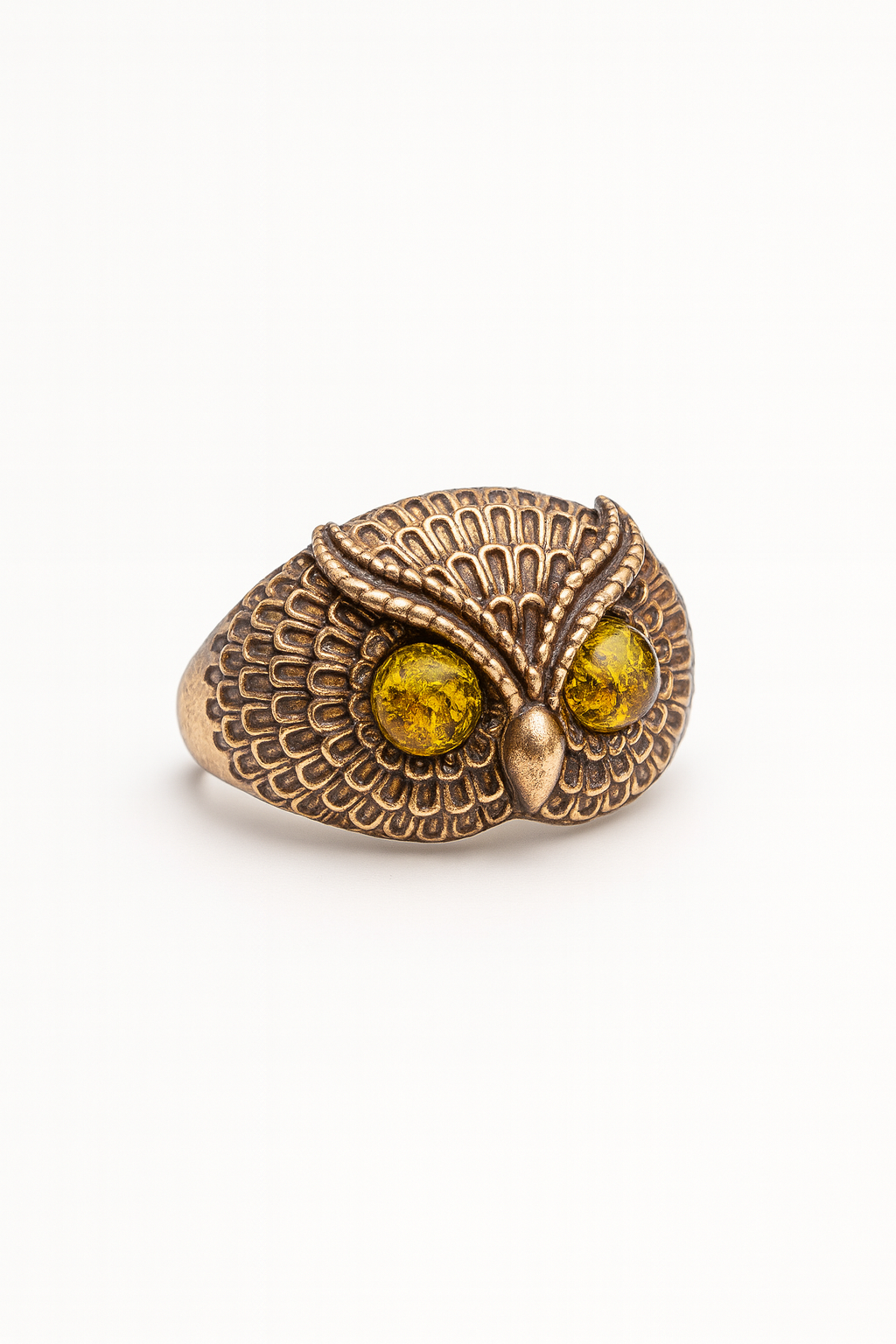 "Owl with Amber Eyes" – Sterling Silver Ring with Gold Plating