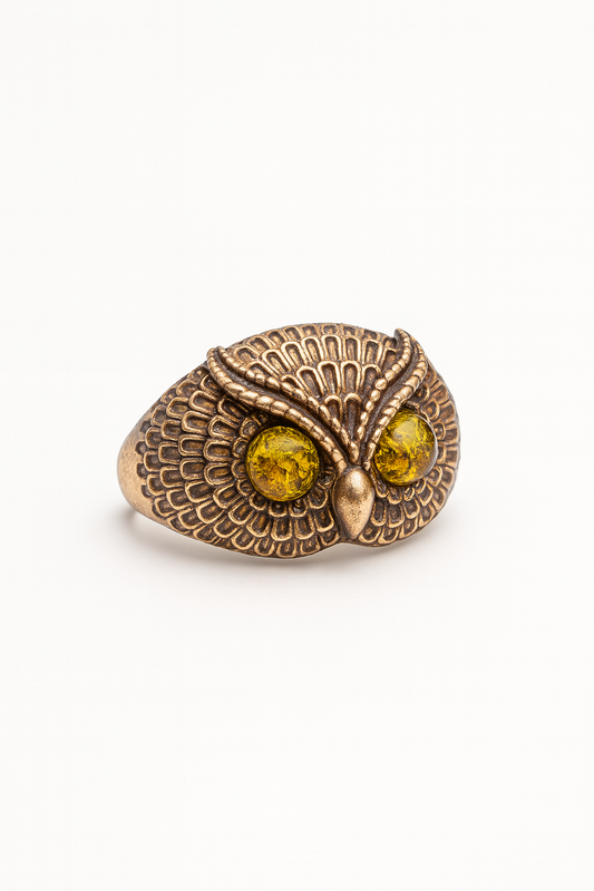 "Owl with Amber Eyes" – Sterling Silver Ring with Gold Plating