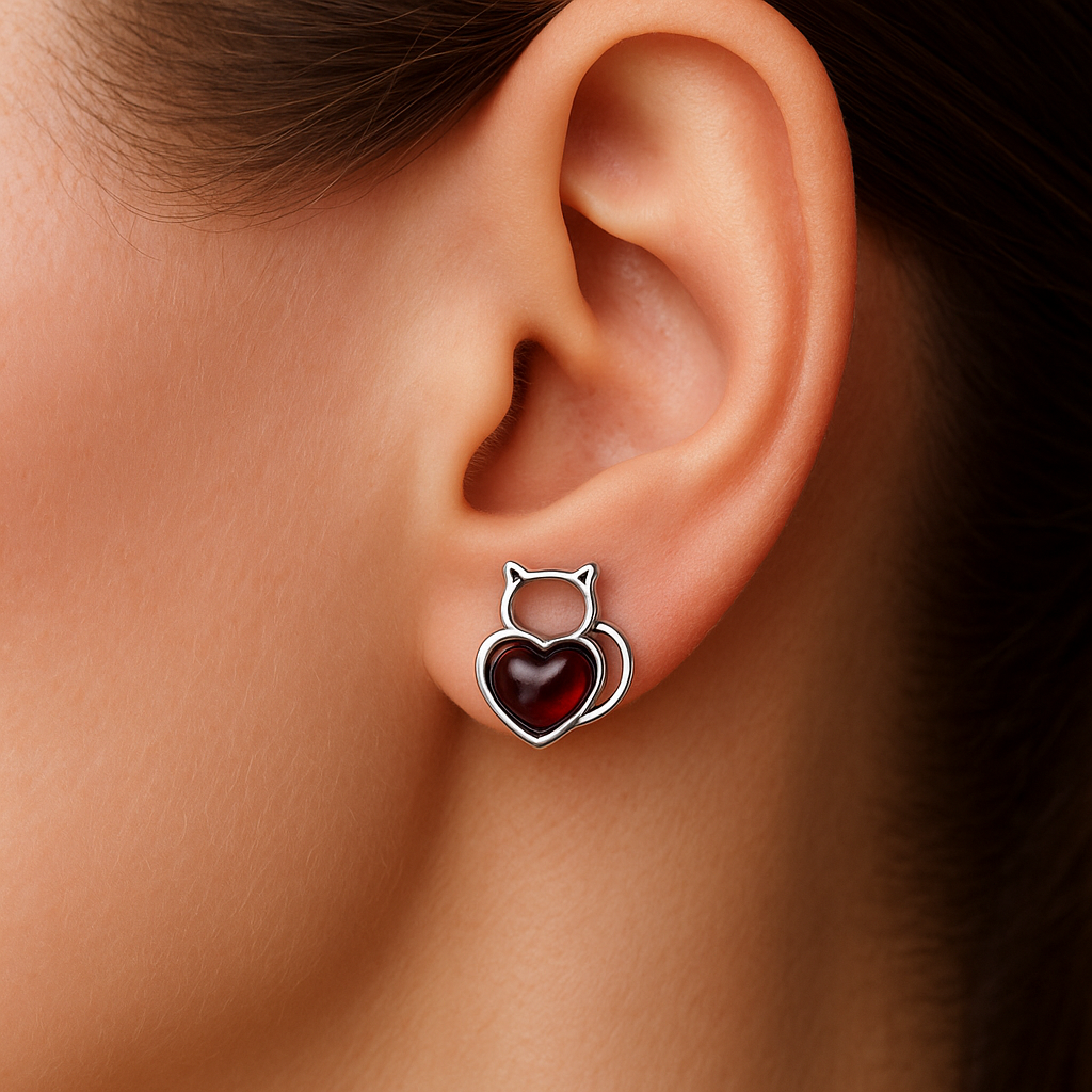 Cat Stud Earrings — Sterling Silver & Natural Baltic Amber